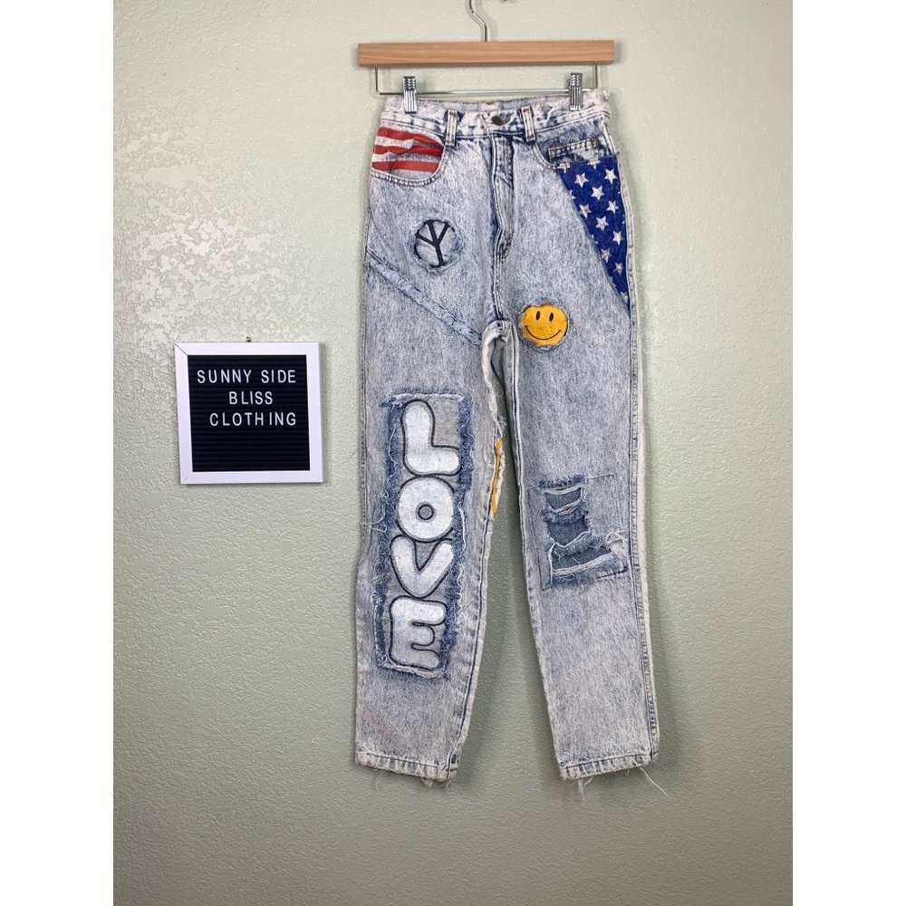Vintage 80s JouJou Acid Wash Distressed Hippy Patchwork Jeans Size 5/6